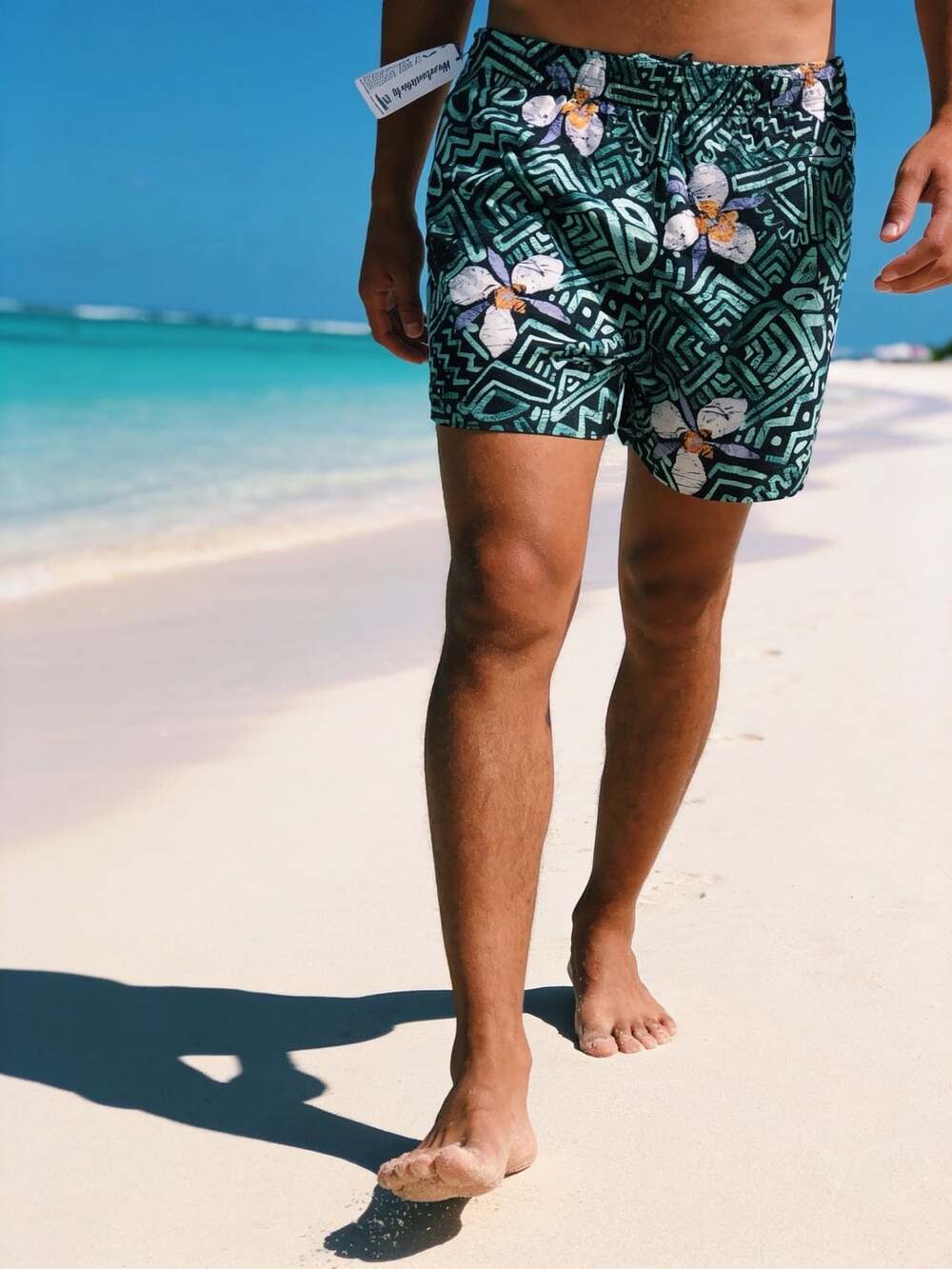Caribbean Waveliner Men's Swim Trunks Green Floral Geo Print Size XXL